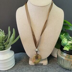 Unakite Gemstone Donut Pendant Handcrafted Ribbon Necklace 20in